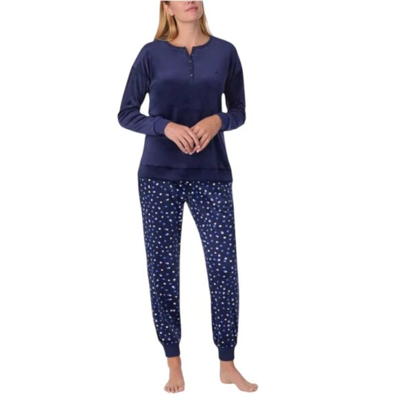 NWOT Nautica Henley Silky Fleece PJ Set | Navy - Picture 1 of 8